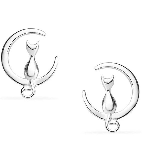 925 Silver Cat On The Moon Earrings - Picture 2 of 16